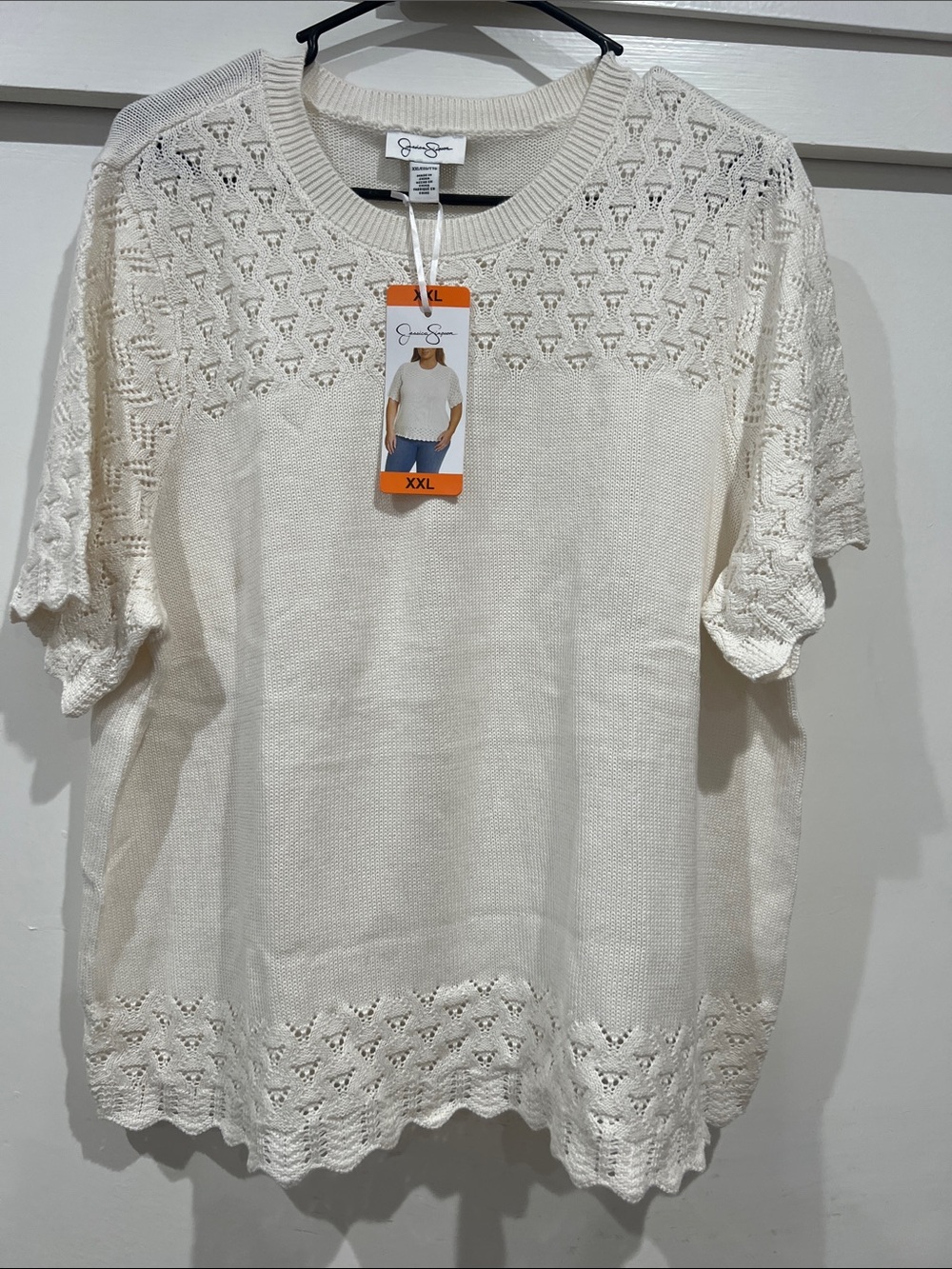 Jessica Simpson Cream Pointelle Openwork Knit Short Sleeve Sweater